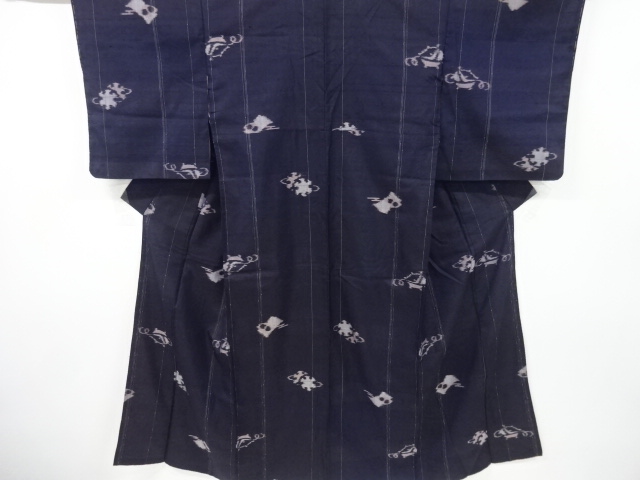 JAPANESE KIMONO / SILK / HAND WOVEN TSUMUGI / WOVEN STRIPE & ABSTRACT PATTERN